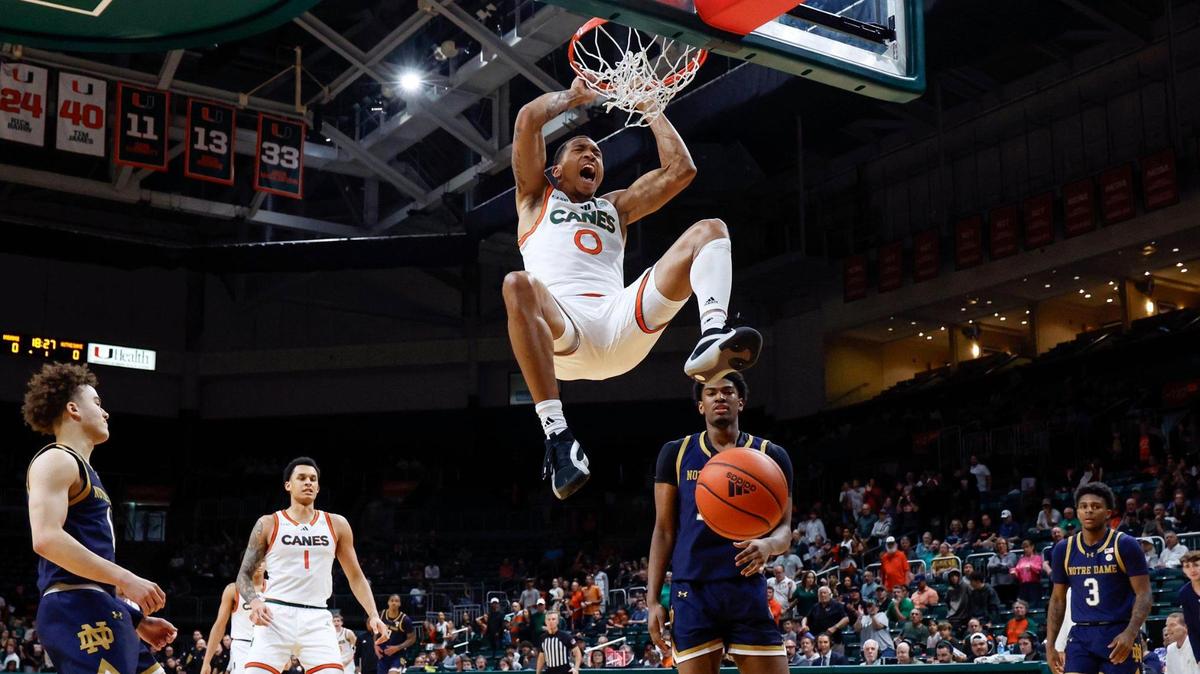 Miami Hurricanes guard Matthew Cleveland (0) dunks the ball in the first half against the Notre Dame Fighting Irish during their ACC basketball game at the Watsco Center in Coral Gables, Florida on Saturday, February 1, 2025.