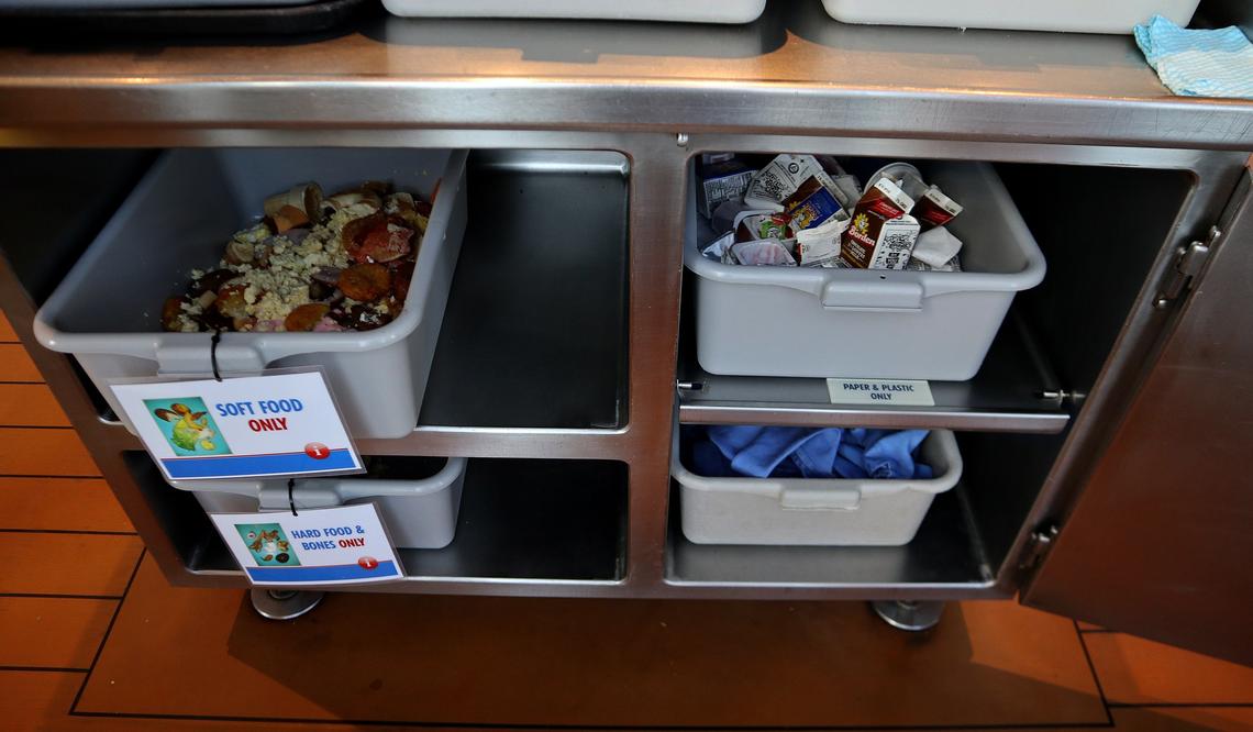 A food waste and recycling sorting system, used in the kitchen at Carnival Cruise Line ship Carnival Victory, is part of the company’s initiative to reduce food waste and avoid illegally dumping plastic into the ocean.