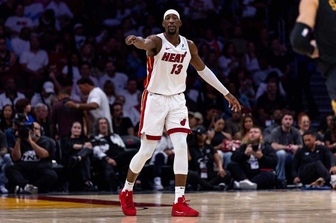 Miami Heat center Bam Adebayo (13) directs teammates during the second half of Game 4 of the Eastern Conference NBA Playoffs against the Cleveland Cavaliers at Kaseya Center on April 28, 2025, in Miami.