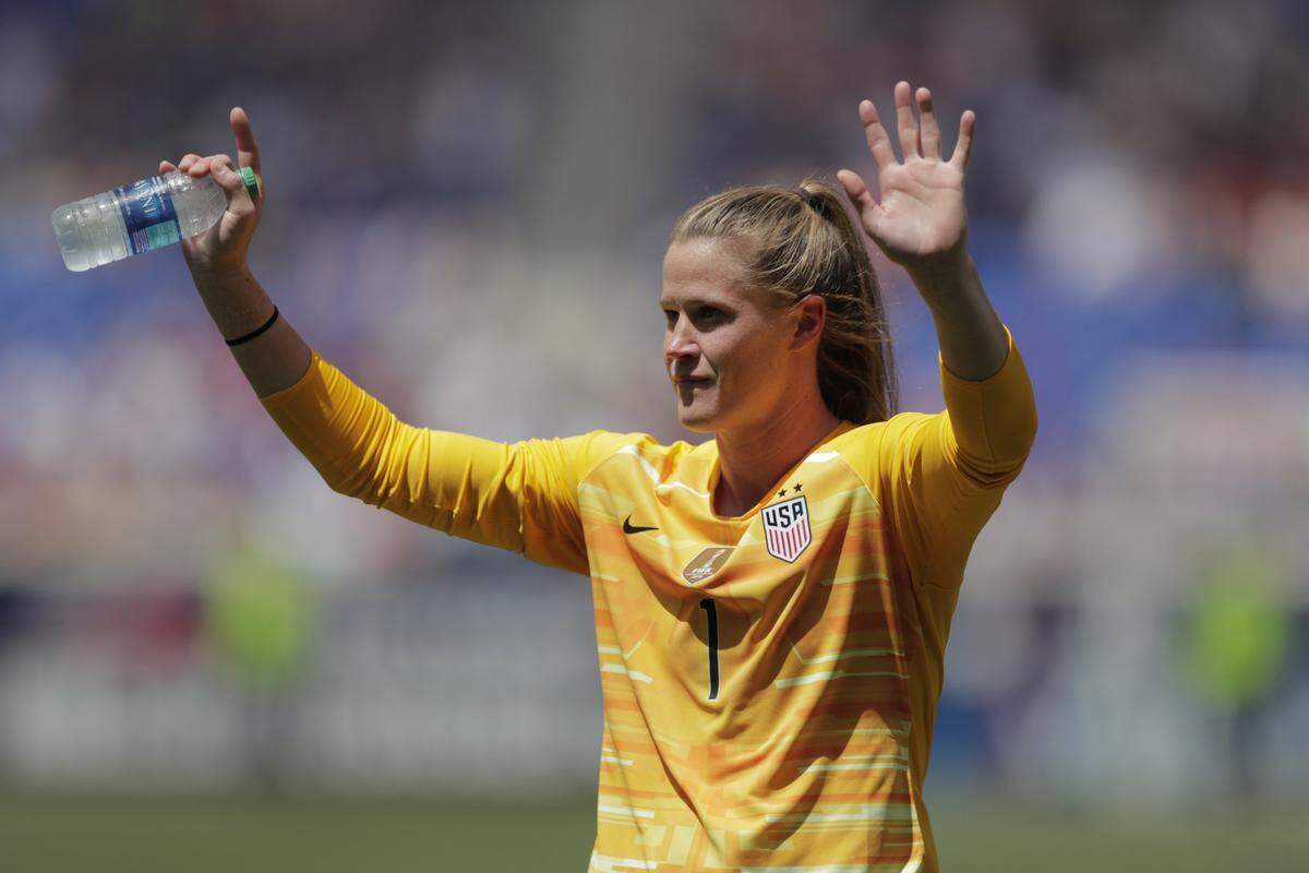 United States goalkeeper Alyssa Naeher is introduced during a send-off ceremony ahead of the FIFA Women’s World Cup after an international friendly soccer match against Mexico, Sunday, May 26, 2019, in Harrison, N.J. The U.S. won 3-0.