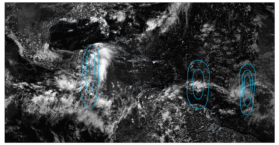 Satellite imagery of three tropical waves identified on June 28th, 2024. The rightmost tropical wave became Tropical Storm Beryl a few hours later, while the leftmost tropical wave became Tropical Storm Chris on June 30th.