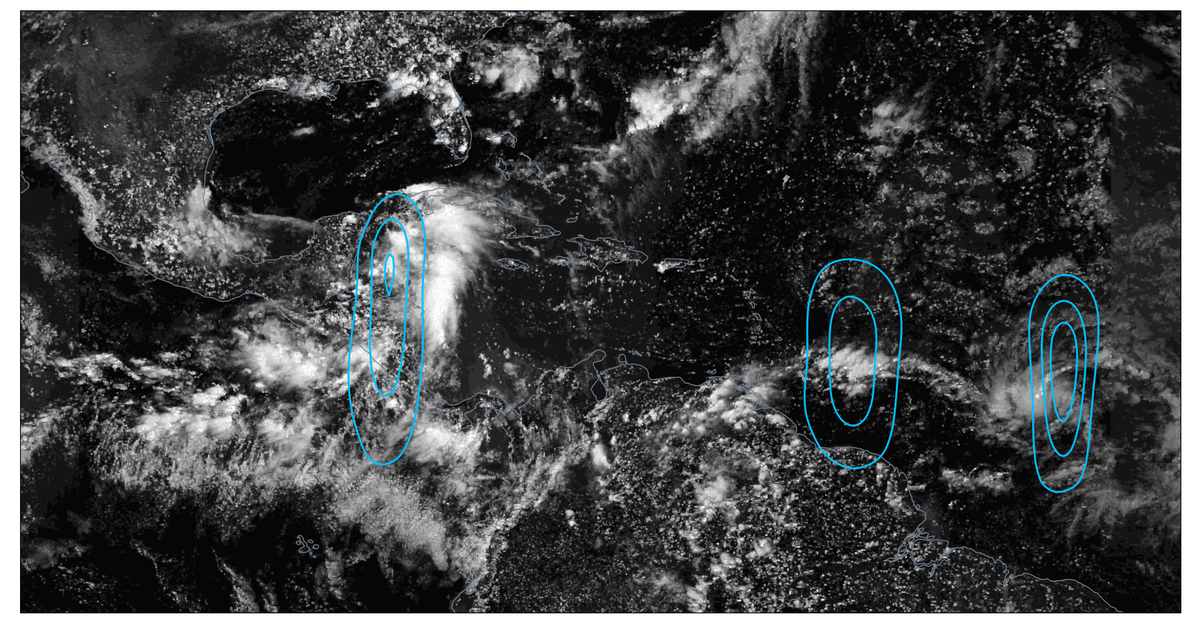 Satellite imagery of three tropical waves identified on June 28th, 2024. The rightmost tropical wave became Tropical Storm Beryl a few hours later, while the leftmost tropical wave became Tropical Storm Chris on June 30th.