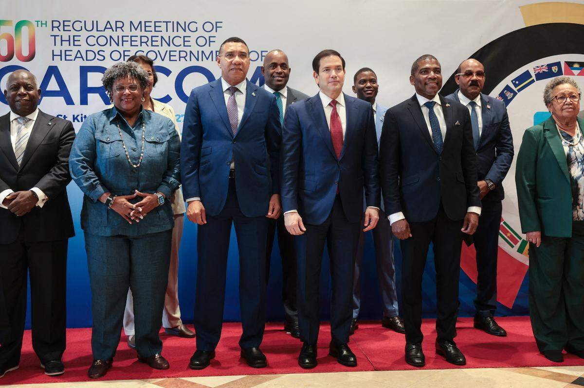 US Secretary of State Marco Rubio participates in a family photo with Caribbean Community (CARICOM) heads of government in Basseterre, Saint Kitts and Nevis, February 25, 2026. Rubio is meeting with Caribbean leaders seeking a common line on Venezuela and pressure on Cuba. He's also addressing President Donald Trump's priorities, including combating illegal immigration, drug trafficking and regional security. (Photo by Jonathan Ernst / POOL / AFP via Getty Images)