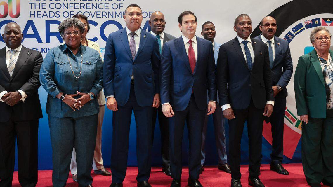 U.S. Secretary of State Marco Rubio participates in a group photo with Caribbean Community (CARICOM) heads of government in Basseterre, Saint Kitts and Nevis, on Wednesday, Feb. 25, 2026. 