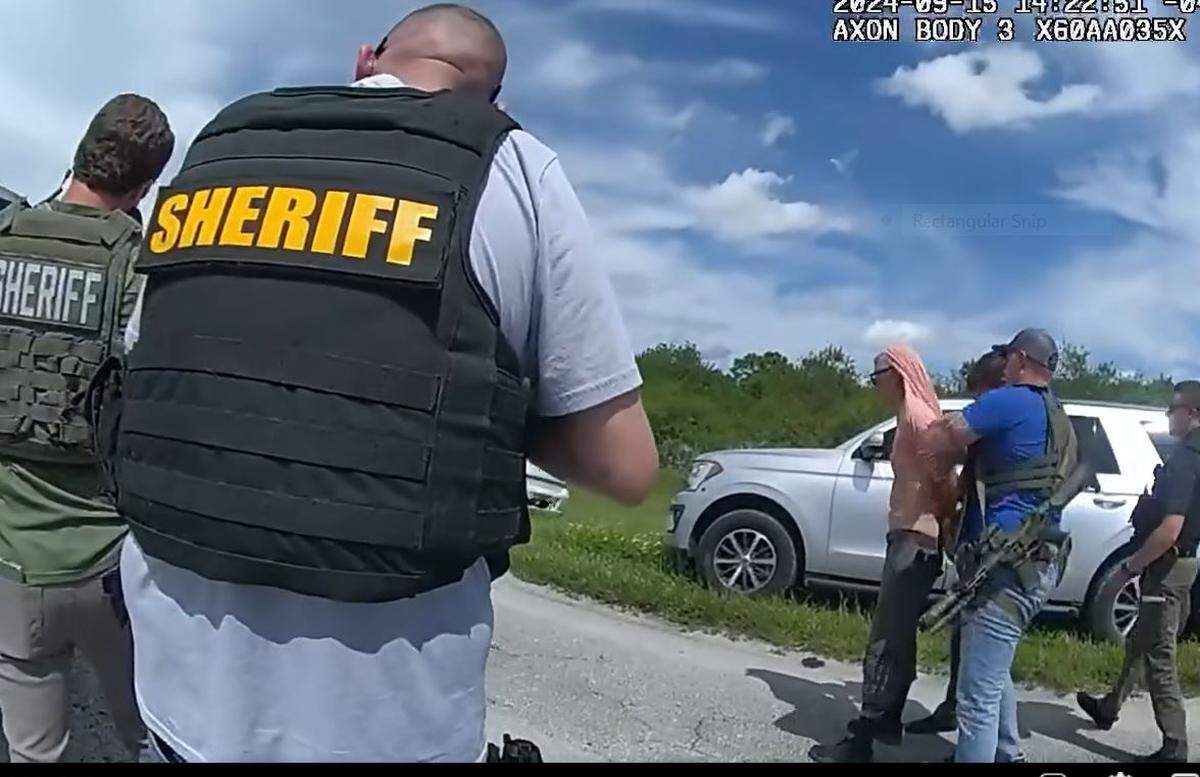 A still shot from Martin County Sheriff’s Office deputy body-worn camera footage shows the arrest of Ryan Wesley Routh, the man the FBI says attempted to assassinate former President Donald Trump Sunday, Sept. 15, 2024.