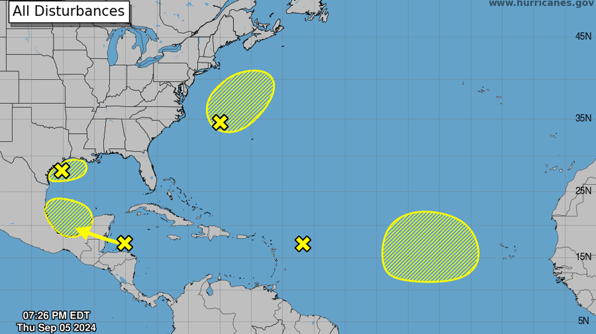 The hurricane center is tracking five disturbances with low chances of strengthening in the next seven days.