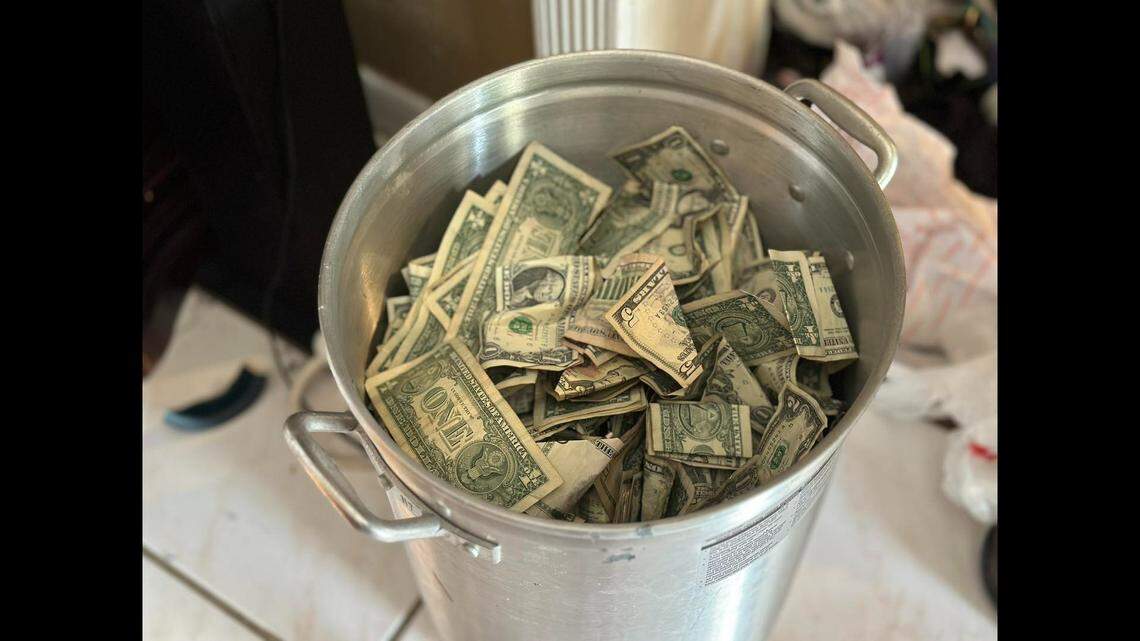 Photos shared by a Florida sheriff’s office show the cash was in small and large bills, and was stored in pots, plastic bags and carry-on bags.