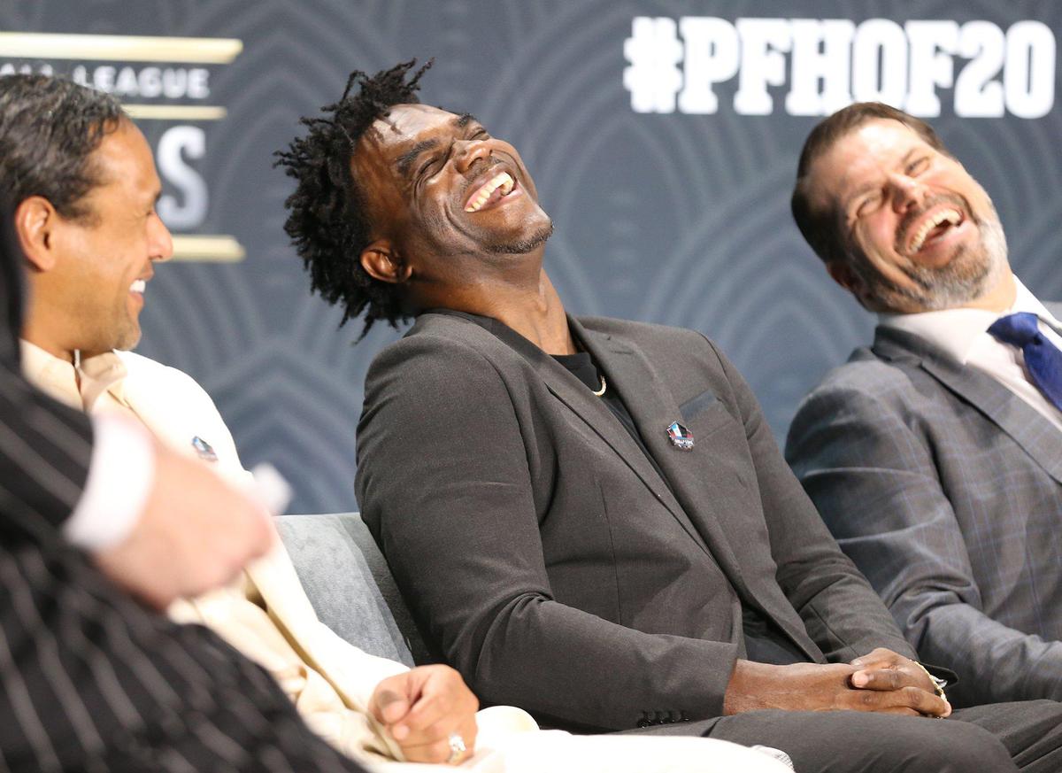 NFL running back and UM alumni Edgerrin James sits with fellow inductees into the NFL Hall of Fame at the National Football League HONORS at the Ziff Ballet Opera House at the Adrienne Arsht Center in Miami, Florida, February 1, 2020.