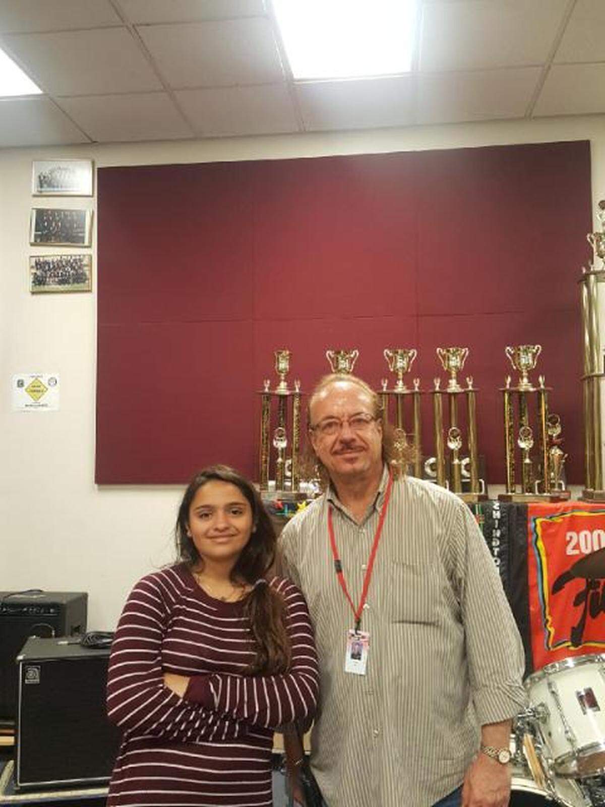 Esther Gonzalez of Nautilus Middle School is with her music instructor Ray Modia after being named a 2019 Bob Novack Music Award winner.