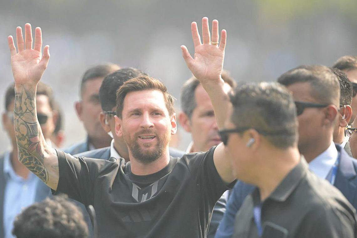 Inter Miami's Argentine forward #10 Lionel Messi arrives at the Salt Lake Stadium in Kolkata on December 13, 2025. Thousands of fans packed into a stadium in eastern India on December 13 to cheer on Lionel Messi as the football legend unveiled a 21-metre (70-foot) statue of himself. (Photo by Dibyangshu SARKAR / AFP via Getty Images)