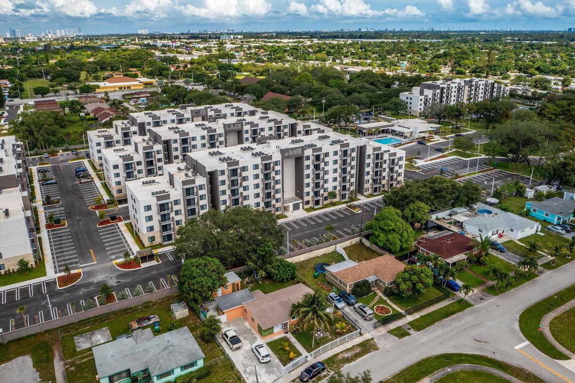Aerial view of buildings at the Resia Oak Enclave residential complex in Miami Gardens on Thursday, July 14, 2022.