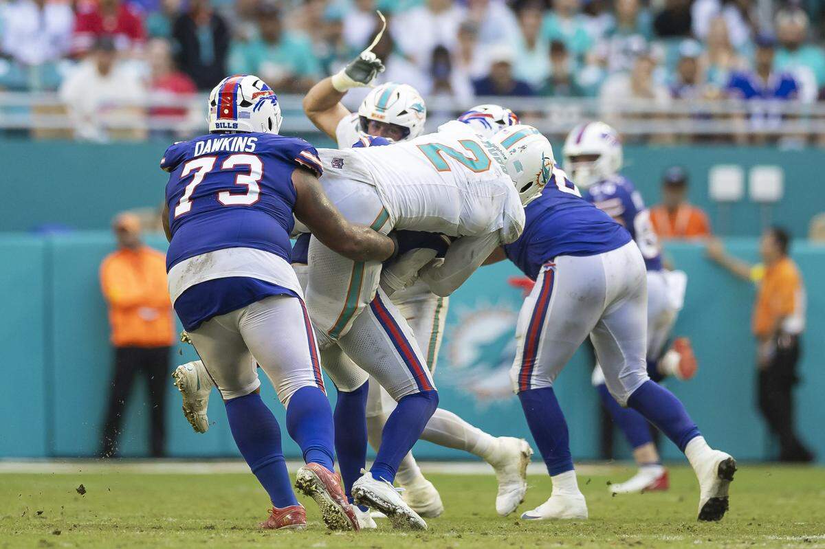 Miami Dolphins linebacker Bradley Chubb (2) sacks Buffalo Bills quarterback Josh Allen (17) in the second half of their NFL game at Hard Rock Stadium on Sunday, Nov. 9, 2025, in Miami Gardens, Fla.