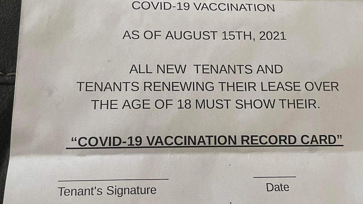 Jasmine Irby received a notice at the front door of her Royal Palms Apartment in Lauderhill on Aug. 17. The note requires all new and returning tenants to show proof of vaccination.