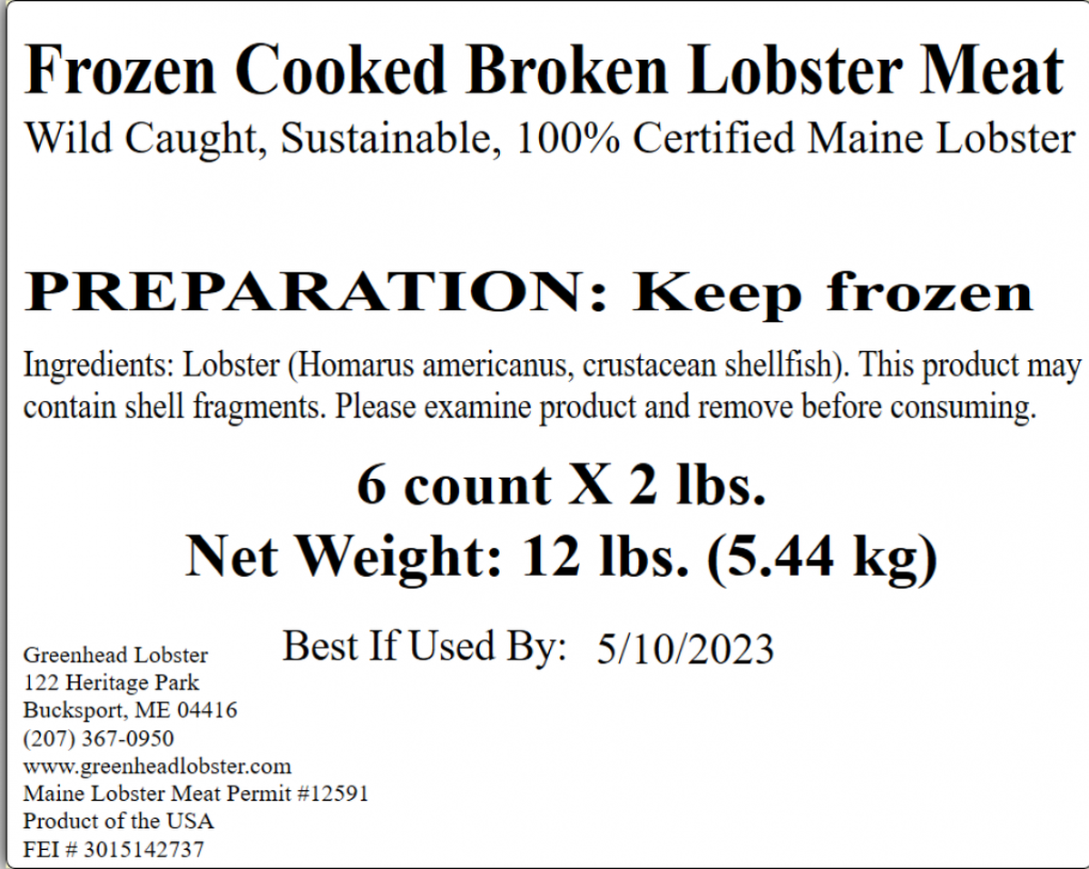 A label from a case of recalled Greenhead Lobster Frozen Cooked Broken Meat