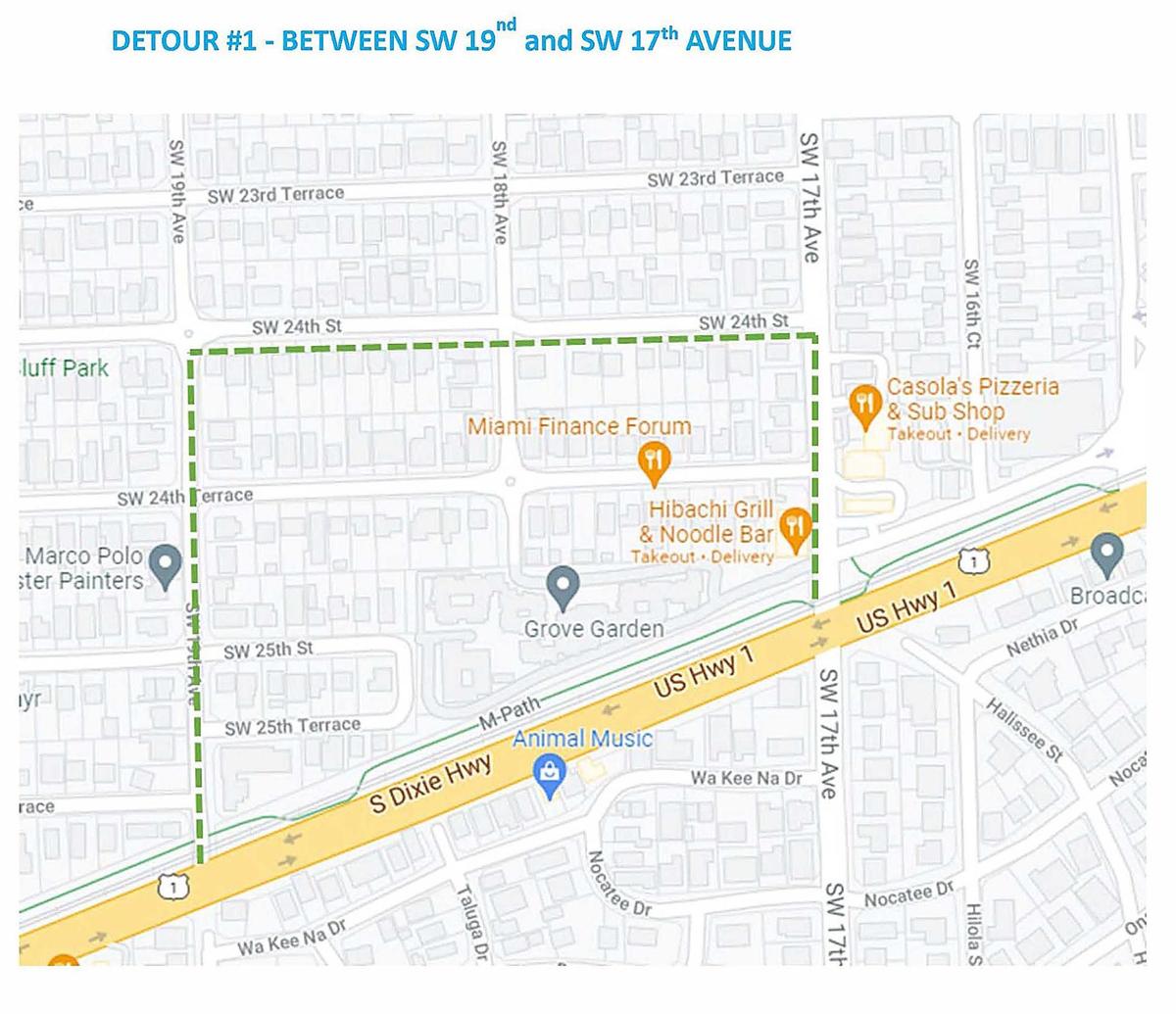 Este mapa muestra un desvío para los ciclistas y peatones que utilizan la antigua M-Path bajo las vías del Metrorail mientras se construye la segunda fase de The Underline.