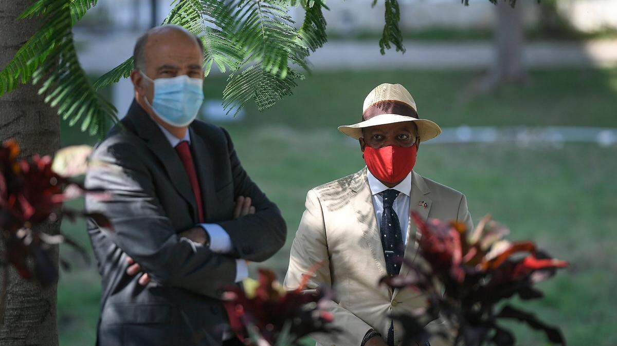 Todd D. Robinson, U.S. Assistant Secretary of State for the Bureau of International Narcotics and Law Enforcement Affairs, right, and Kenneth H. Merten, the current Haiti Special Coordinator as well as Deputy Assistant Secretary in the Bureau of Western Hemisphere Affairs, stand together prior to a press conference at the U.S. Embassy in Port-au-Prince, Haiti, Tuesday, Nov. 9, 2021.