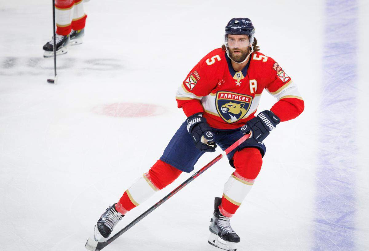 Florida Panthers defenseman Aaron Ekblad (5) warms up for his first game back after suspension before Game 3 of the first-round Stanley Cup playoff series against the Tampa Bay Lightning on Saturday, April 26, 2025, at Amerant Bank Arena in Sunrise, Fla.