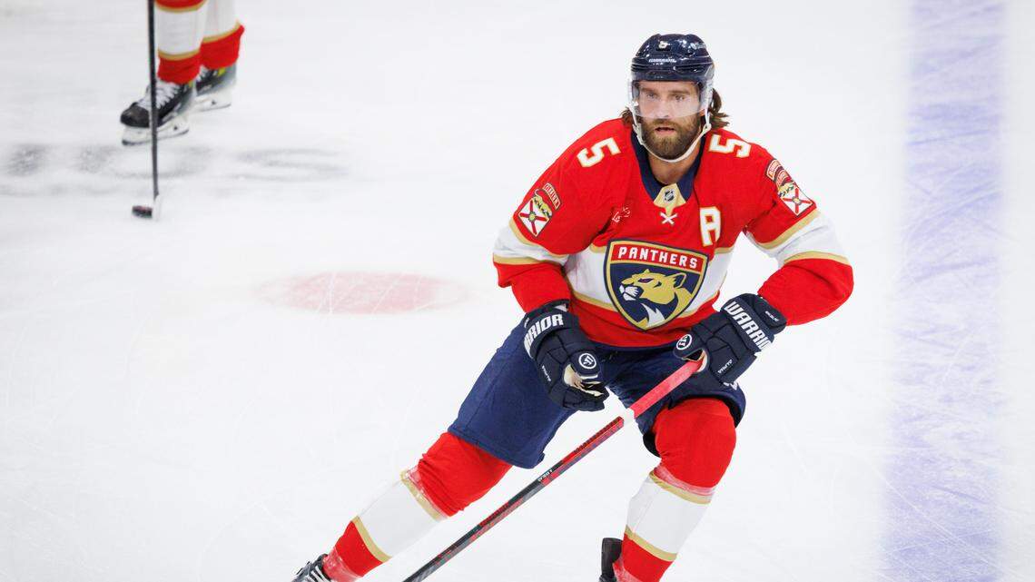 Florida Panthers defenseman Aaron Ekblad (5) warms up for his first game back after suspension before Game 3 of the first-round Stanley Cup playoff series against the Tampa Bay Lightning on Saturday, April 26, 2025, at Amerant Bank Arena in Sunrise, Fla.