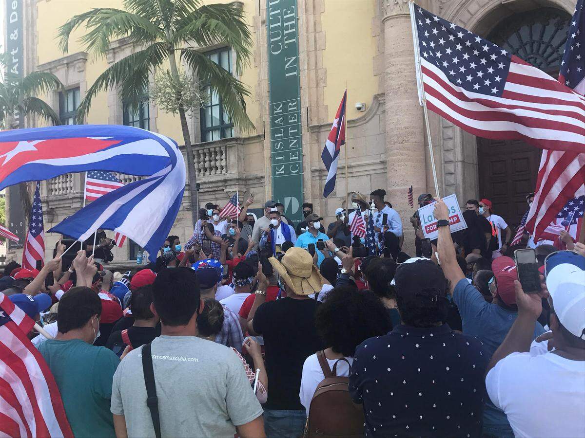 Supporters of President Donald Trump rallied on the steps of the Freedom Tower on Saturday, July 4.