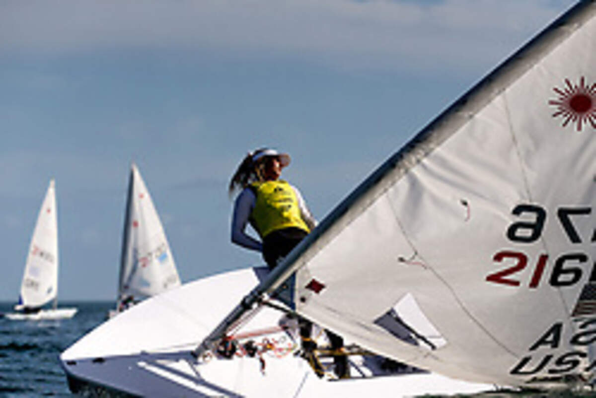 Erika Reineke of Fort Lauderdale, Laser Radial gold medalist at the Hempel World Cup Series Miami regatta, tacks Saturday during the finale on Biscayne Bay.