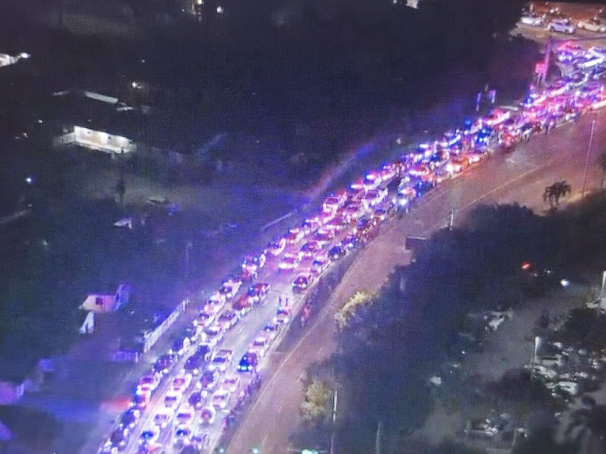 Traffic is backed up near where an MDSO deputy was shot in southwest Miami-Dade County on Friday, Nov. 7, 2025.
