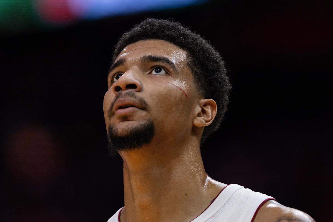 Miami Heat center Kel'El Ware (7) looks on during the second half of an NBA preseason game against the San Antonio Spurs at Kaseya Center on October 8, 2025, in Miami.