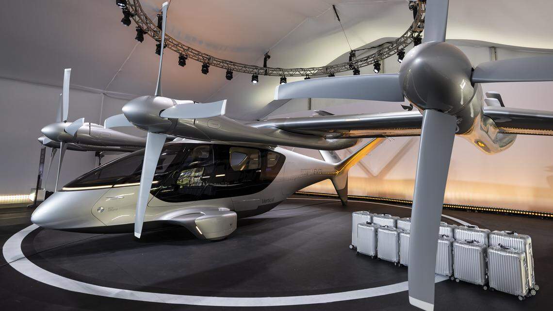 Vertical Aerospace's Valo, a next-generation electric aircraft, is on display during a public event at Collins Park on Tuesday, Feb. 24, 2026, in Miami Beach, Fla. The aircraft can fly up to 100 miles at speeds of up to 150 mph, features a panoramic window, has cabin space for up to six passengers, and uses all-electric propulsion. The company says passengers will be able to make it from Miami to Fort Lauderdale in about 13 minutes.