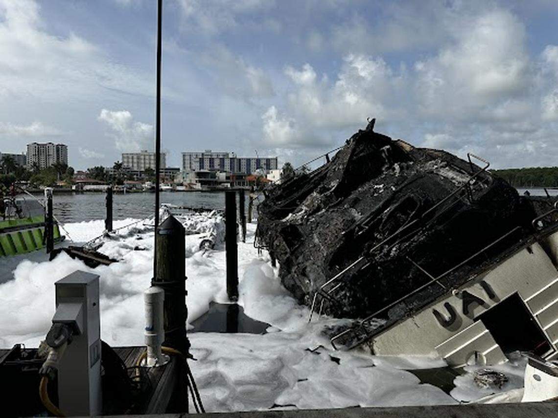 A burned-out boat after the fire in Sunny Isles Beach, Friday, June 6, 2025.