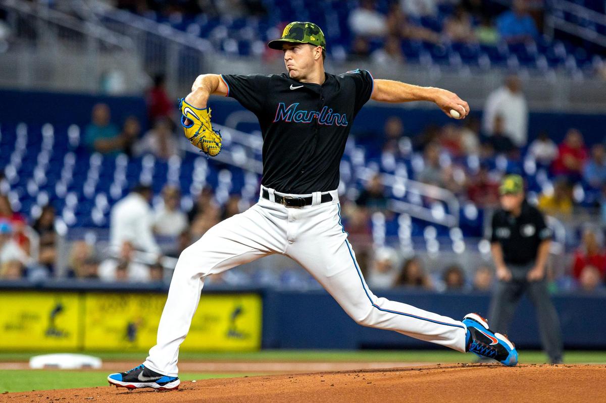 Miami Marlins pitcher Trevor Rogers (28) throws the ball during the first inning of an MLB game against the Atlanta Braves at loanDepot park in the Little Havana neighborhood of Miami, Florida, on Friday, May 20, 2022.