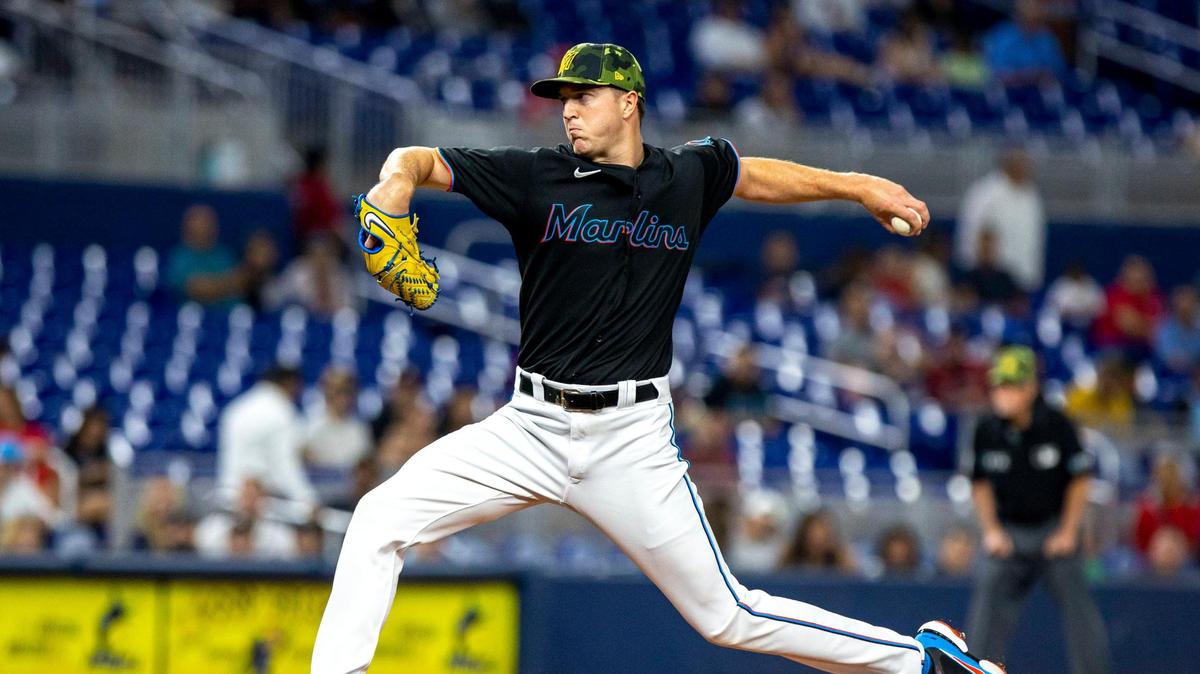 Miami Marlins pitcher Trevor Rogers (28) throws the ball during the first inning of an MLB game against the Atlanta Braves at loanDepot park in the Little Havana neighborhood of Miami, Florida, on Friday, May 20, 2022.