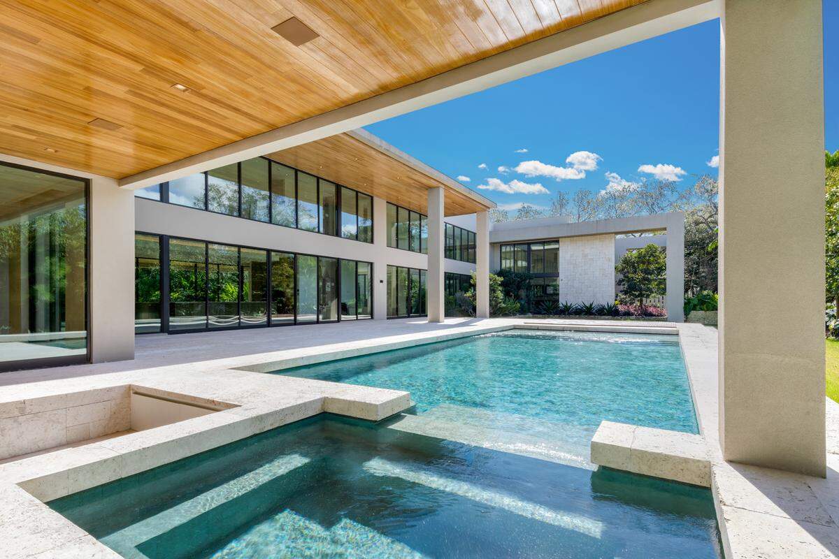 The swimming pool is outfitted with tile imported from Indonesia.