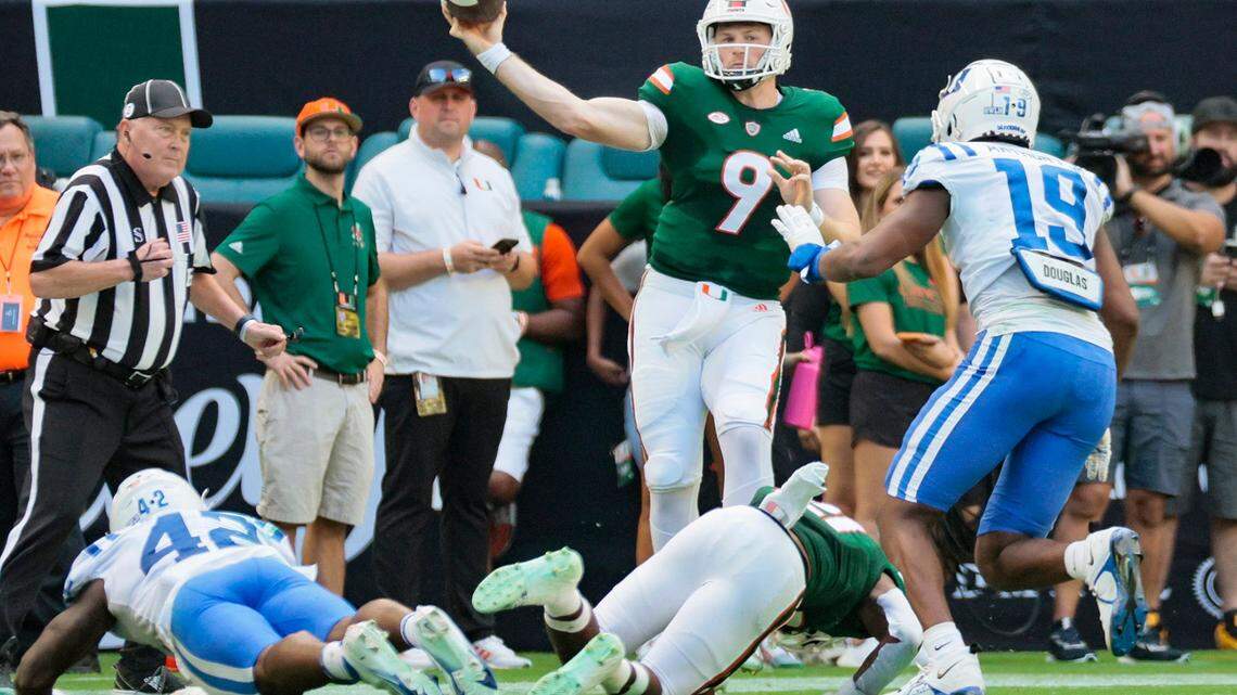 Miami Hurricanes quarterback Tyler Van Dyke (9) sets up to pass in the first half against Duke Blue Devils at Hard Rock Stadium in Miami Gardens on Saturday, October 22, 2022.