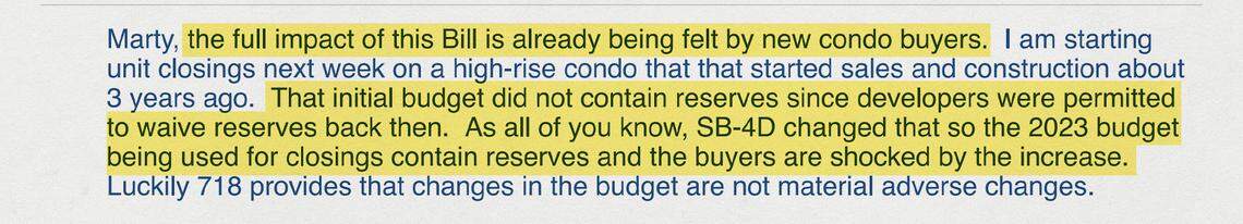 Attorney Mark Grant says in an email on Jan. 6, 2023 sent to the Florida Bar’s “Condomania” thread that the full impact of the bill is already being felt by homeowners.