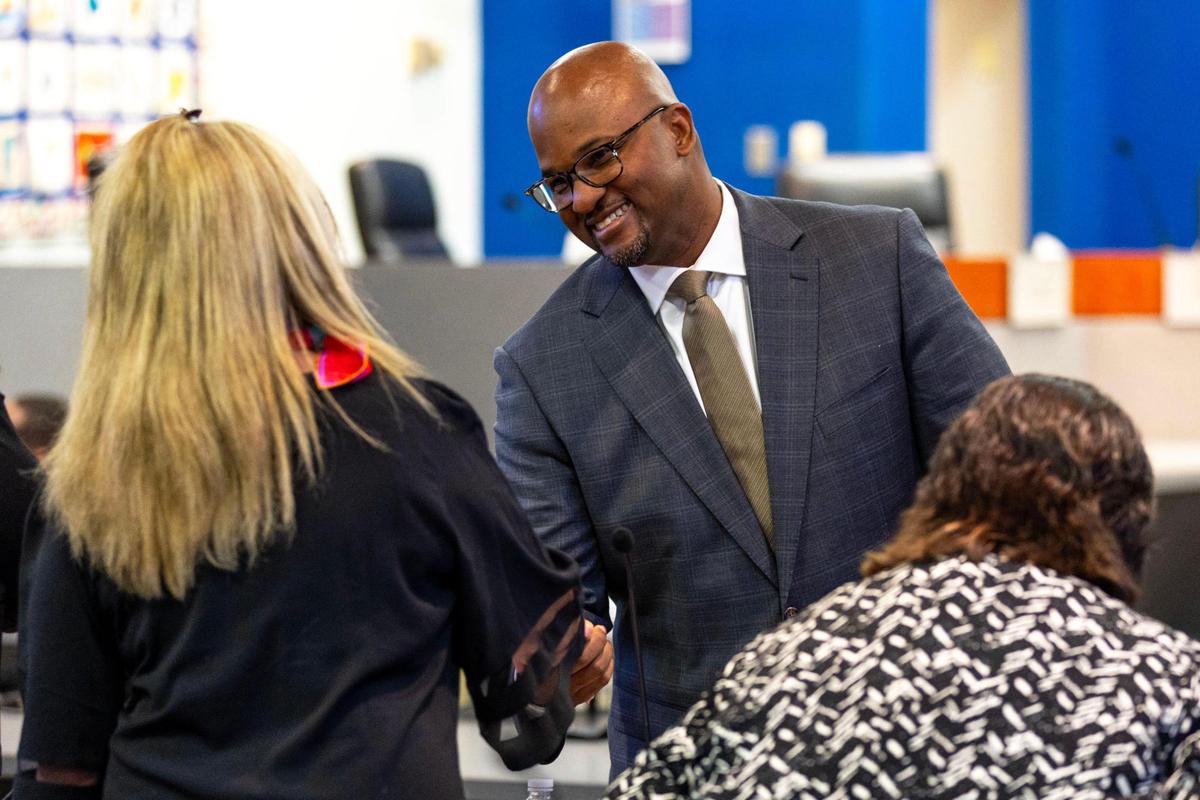 Superintendent finalist Sito Narcisse interacts with Broward school principals after a superintendent selection principal forum at Kathleen C. Wright Administrative Building on Wednesday, June 14, 2023, in Fort Lauderdale, Florida.