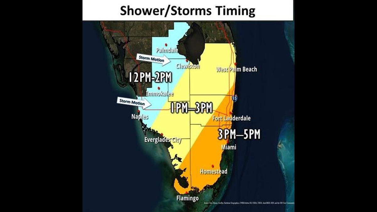 The National Weather Service in Miami released this map Saturday, March 12, 2022, to note the arrival of gusty winds and possible storms ahead of a cold front that’s expected to drop temperatures later Saturday night.