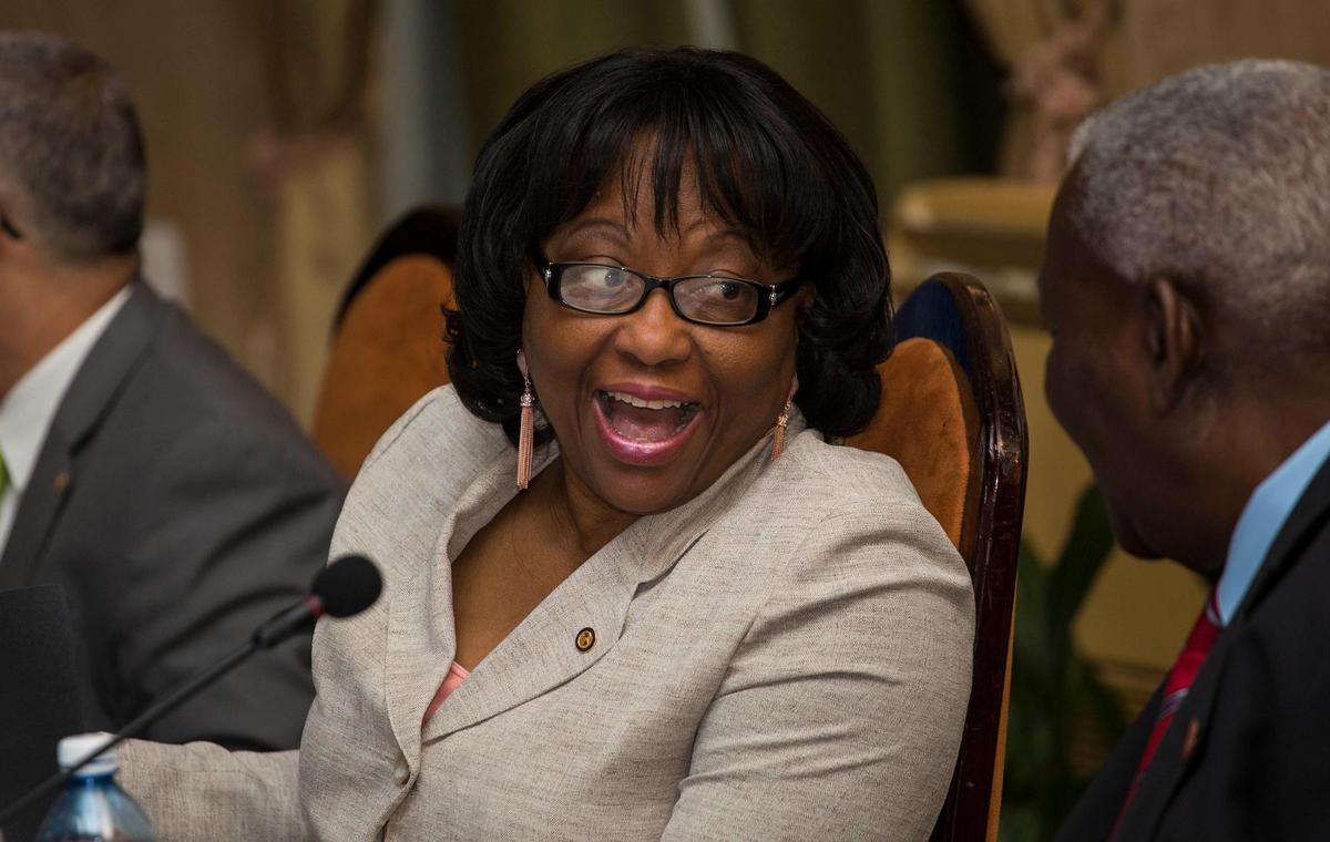 The Director of the Pan American Health Organization Carissa Etienne reacts as she speaks with the President of the National Assembly of People’s Power, Cuba’s parliament, Esteban Lazo, right, during a regional meeting on Zika and other diseases control at the Nacional Hotel in Havana, Cuba, Thursday, Oct. 20, 2016.