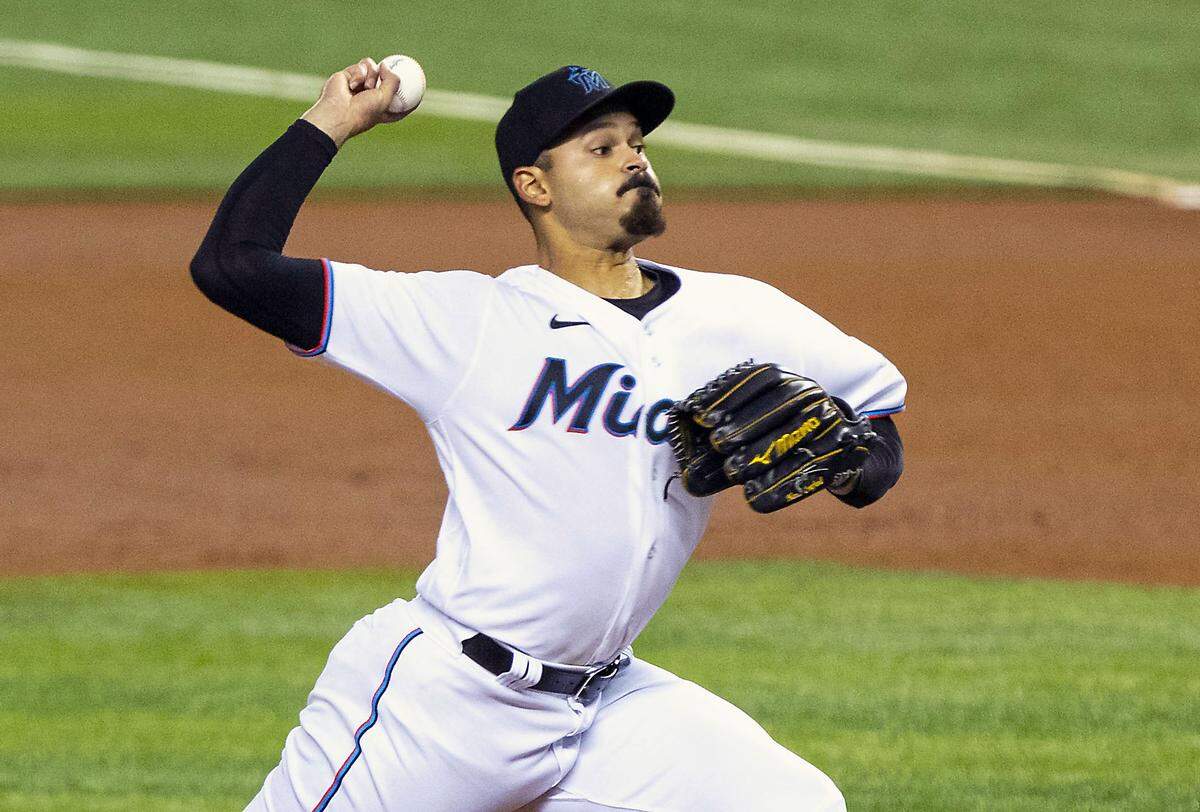 Miami Marlins pitcher Pablo Lopez (49) pitches the ball during the top of the third inning of an MLB game against the Los Angeles Dodgers at loanDepot park in the Little Havana neighborhood of Miami, Florida, on Tuesday, July 6, 2021.