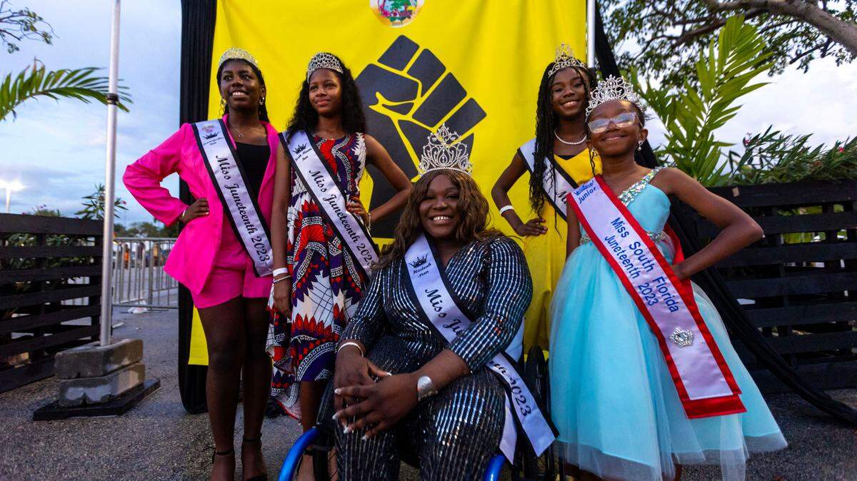 A group of Miss Juneteenth 2023 winners strike a pose during the 3rd Annual Juneteenth Park-In and Party Celebration under this year’s theme, “Experience in the Gardens” at Hard Rock Stadium on Saturday, June 17, 2023, in Miami Gardens, Florida.