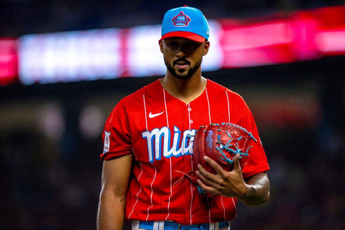 Miami Marlins pitcher Sandy Alcantara (22) walks off the field after the fourth inning of an MLB game against the Los Angeles Dodgers at loanDepot park in the Little Havana neighborhood of Miami, Florida, on Saturday, August 27, 2022.