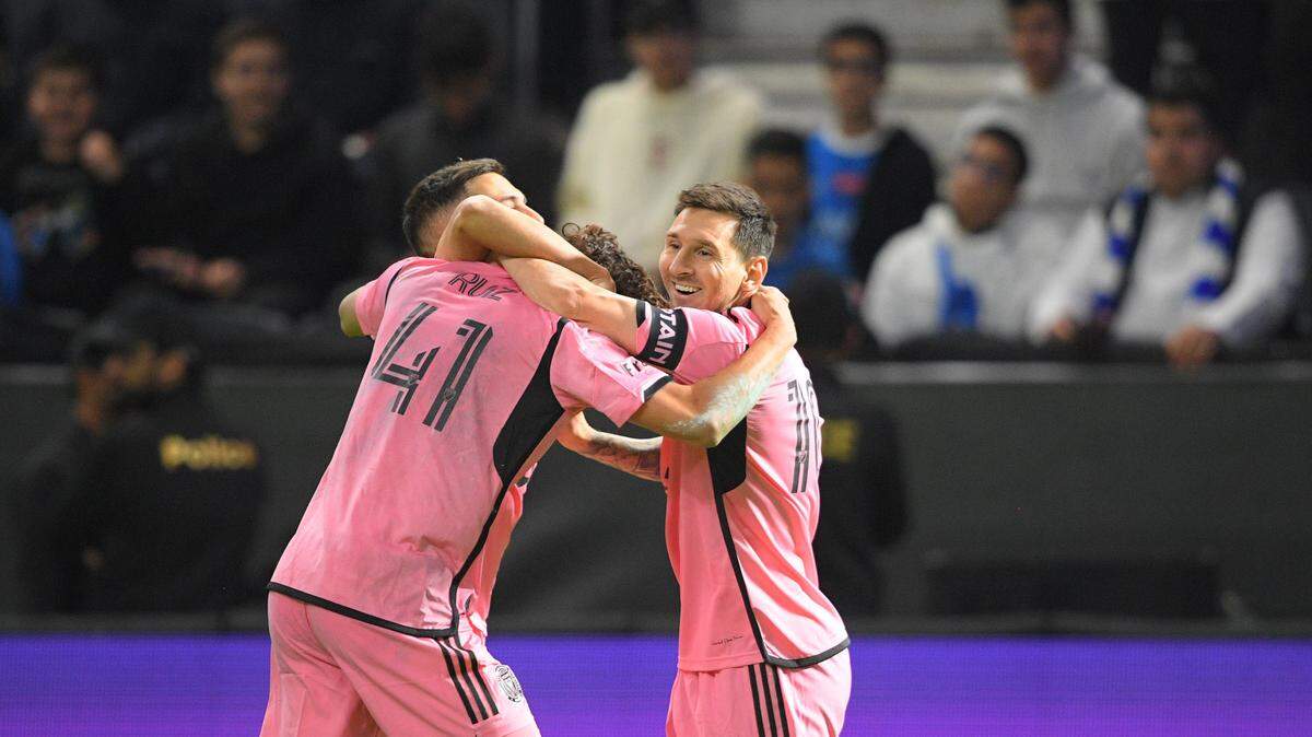 Jan 29, 2024; Riyadh, Riyadh, Saudi Arabia; Inter Miami forward Lionel Messi (10) celebrates a goal with midfielder David Ruiz (41) in the second half against the Al-Hilal SFC at Kingdom Arena. Mandatory Credit: Victor Fraile Rodriguez-USA TODAY Sports