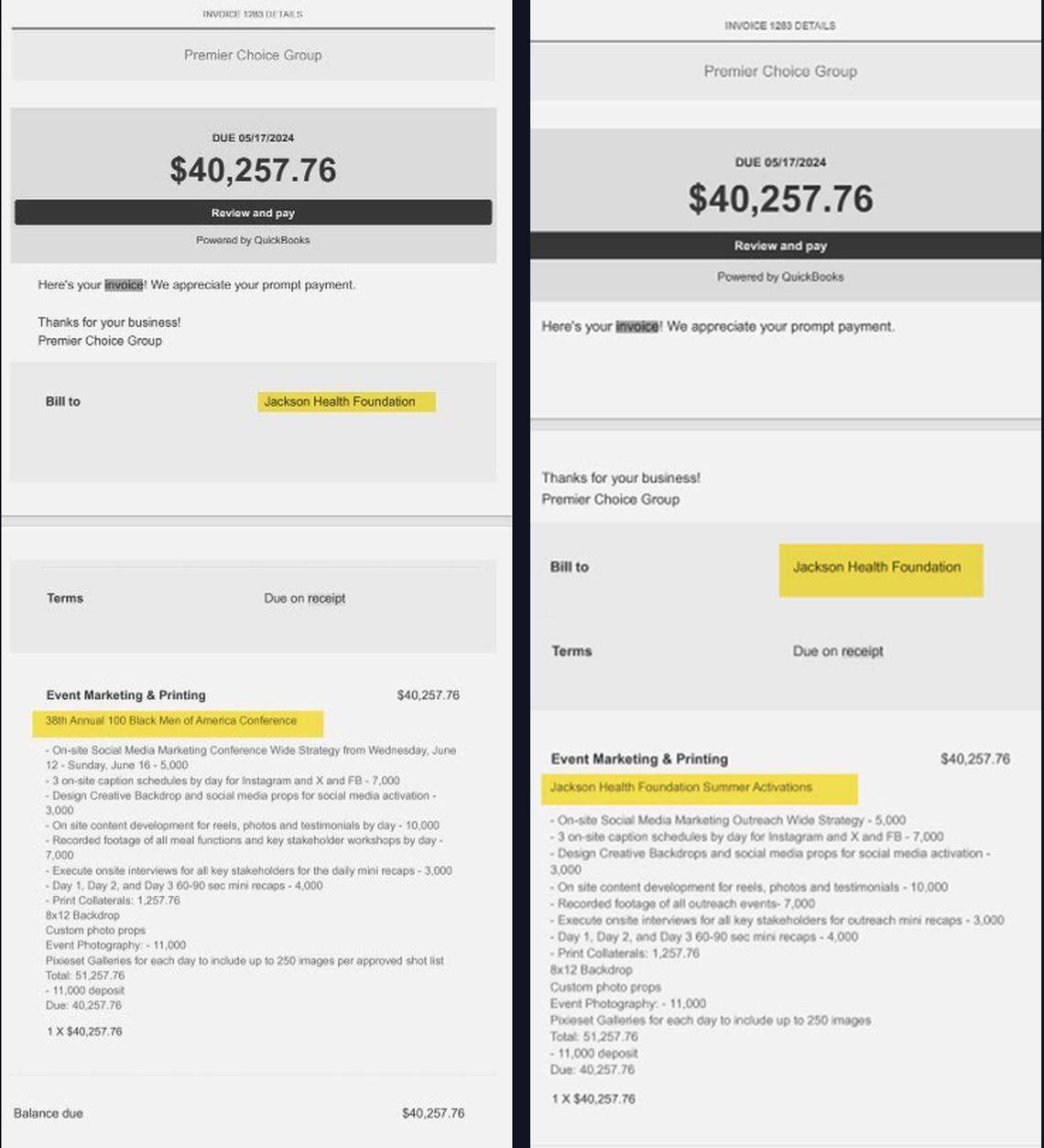 One of Shanae Hill’s 2022 invoices mentioned in Gatlin’s indictment billed Jackson slightly more than $40,000. The invoice, which the Herald obtained, showed it was initially for the 38th annual 100 Black Men of America conference in Atlanta. Nearly 30 minutes later, Hill resubmitted the same invoice. This time, it claimed to be for “Jackson Health Foundation Summer Activations,” an event that never took place.