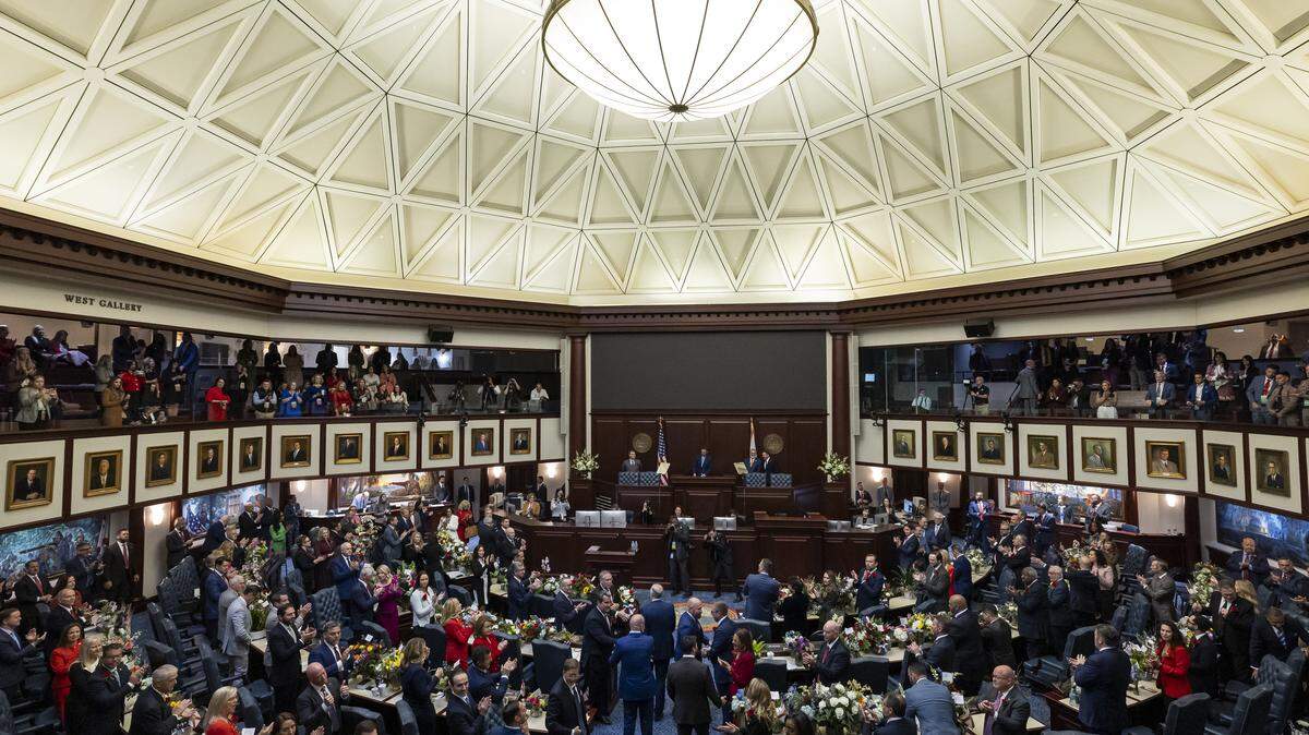Elected officials prepare for Florida Governor Ron DeSantis’ State of the State address during the first day of the legislative session at the Florida State Capitol on Tuesday, Jan. 13, 2026, in Tallahassee, Fla.