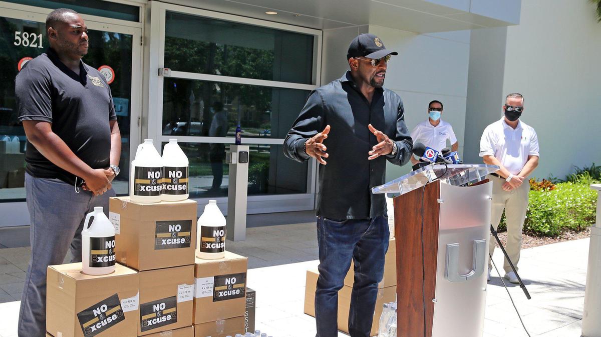 Former UM football player and NFL Hall of Fame’s Ray Lewis talks to the media about his donation of personal protective equipment to the Miami Hurricanes team, June 22, 2020.