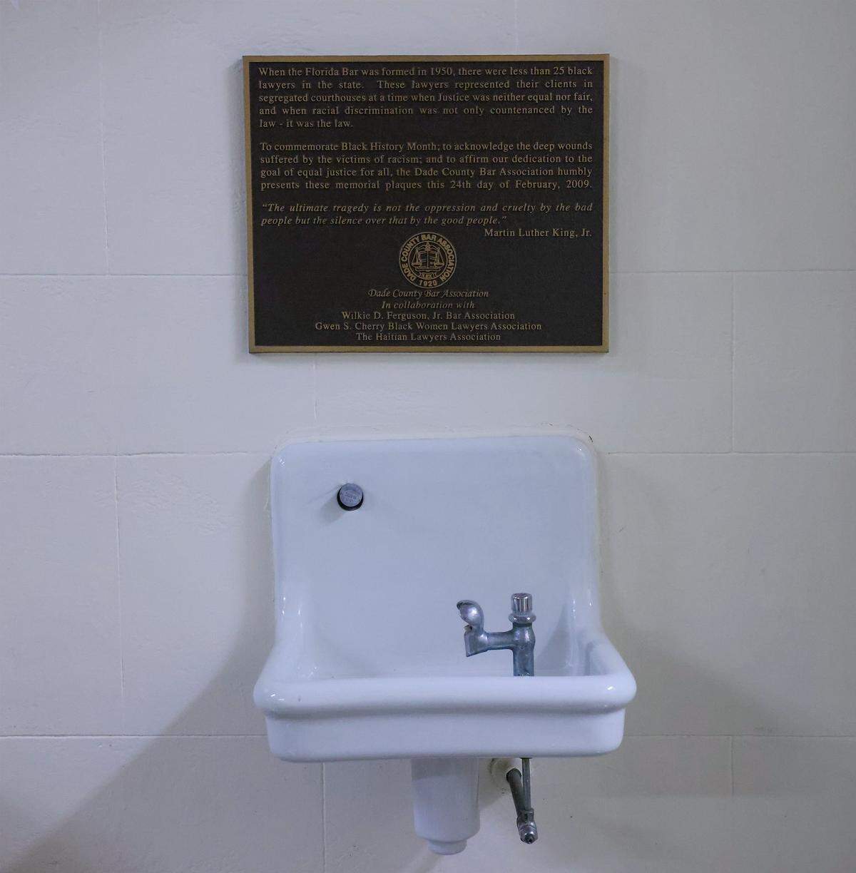The segregation-era water fountain on the 6th floor is on full display as a reminder of Miami's Jim Crow past, restored and acknowledged as one of the historic elements of the old courthouse in Miami, Florida, on Wednesday, January 14, 2026. The Dade County Courthouse is significant as an excellent example of Neo-Classical architecture. The detailing of the remaining historic interior spaces and features continue to reflect this distinctive style and contributes to a more complete understanding of the historic character of the Courthouse.