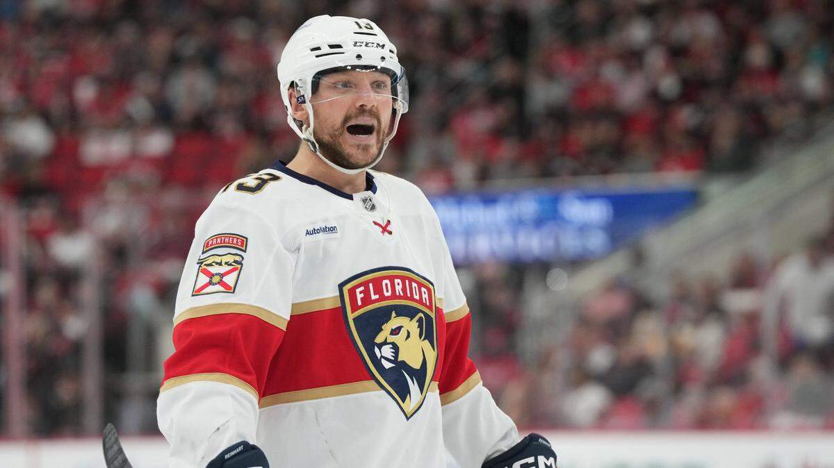 May 20, 2025; Raleigh, North Carolina, USA; Florida Panthers forward Sam Reinhart (13) reacts during the second period against the Carolina Hurricanes in game one of the Eastern Conference Final of the 2025 Stanley Cup Playoffs at Lenovo Center. Mandatory Credit: James Guillory-Imagn Images