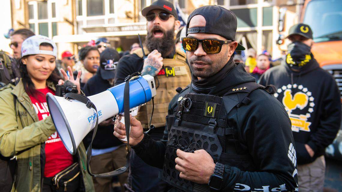 Enrique Tarrio and the Proud Boys demonstrate near Freedom Plaza during the Million Maga March protest regarding election results on Nov. 14, 2020, in Washington, D.C.