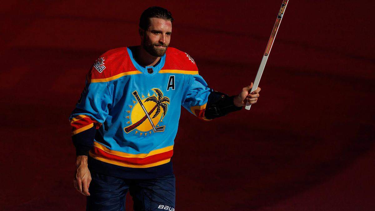 Florida Panthers defenseman Aaron Ekblad (5) skates after he’s honored as the third star of the game after the win over the Boston Bruins during an NHL game at FLA Live Arena on Wednesday, November 23, 2022 in Sunrise, Fl.