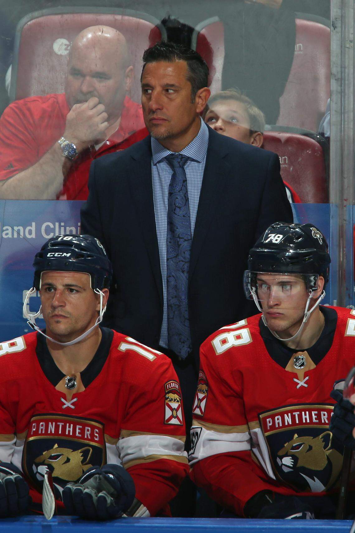 SUNRISE, FL - APRIL 5: Florida Panthers Head coach Bob Boughner of the Florida Panthers looks on during third period action against the Boston Bruins at the BB&T Center on April 5, 2018 in Sunrise, Florida. The Panthers defeated the Bruins 3-2. (Photo by Joel Auerbach/Getty Images)