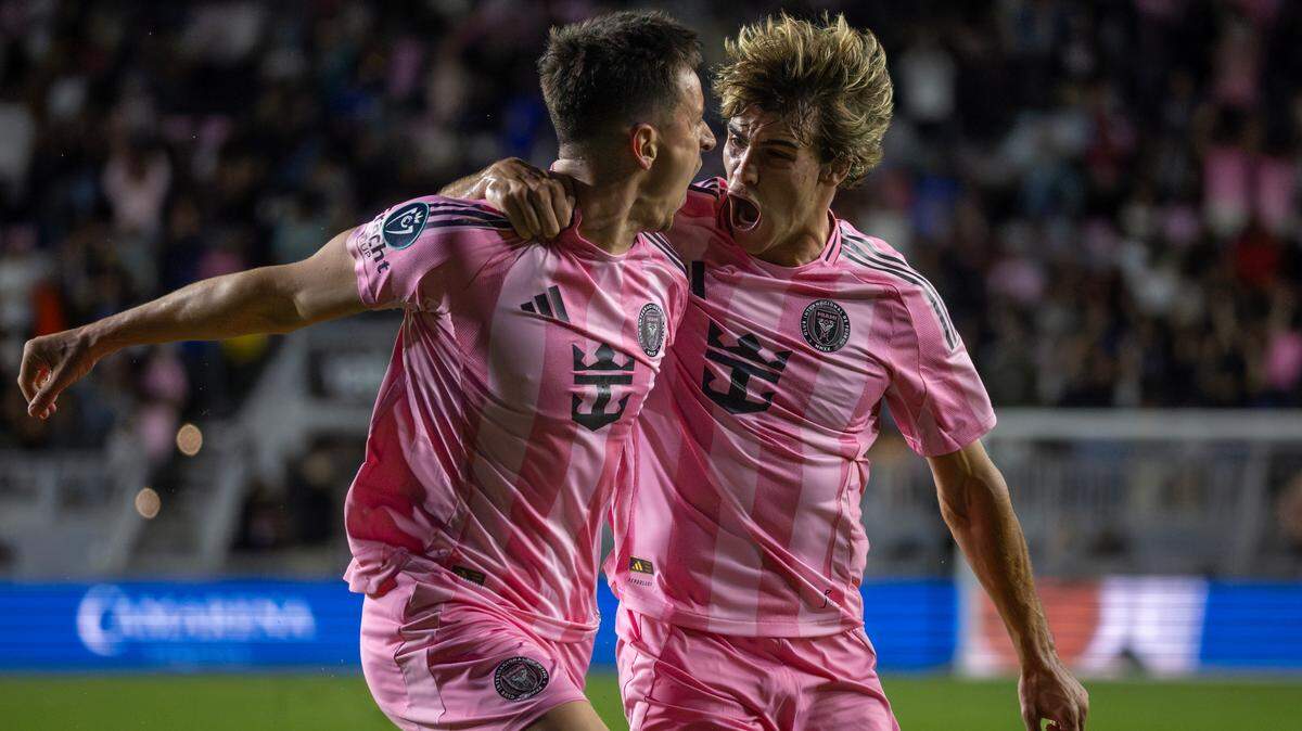Inter Miami forward Tadeo Allende (21) celebrates with midfielder Benjamin Cremaschi (30) after scoring a goal against Cavalier FC in the second half of their Concacaf Champions Cup match at Chase Stadium on Thursday, March 6, 2025, in Fort Lauderdale, Fla.