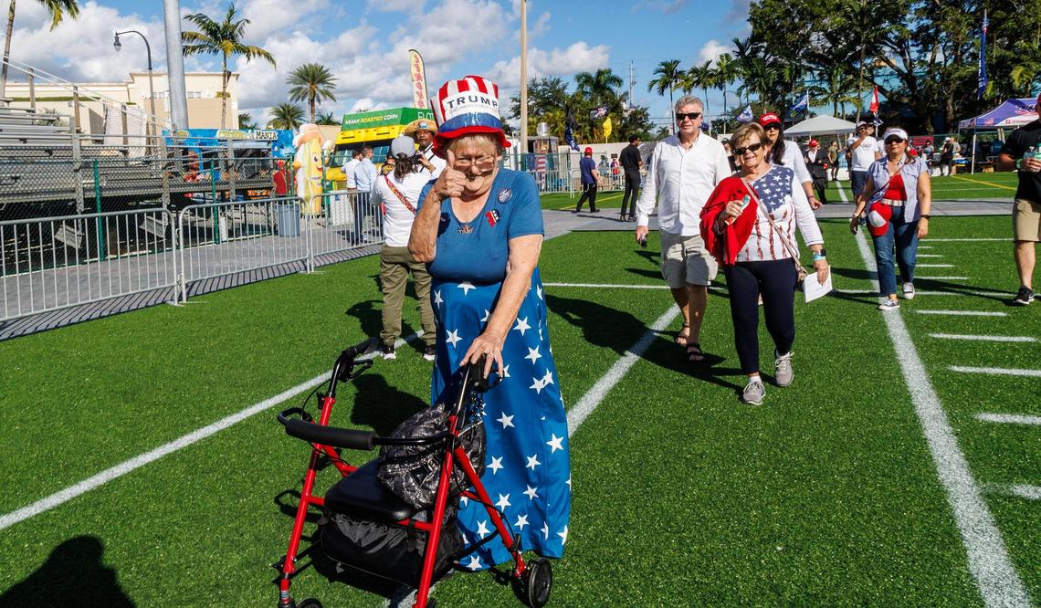 Former President Donald Trump supporter Sandra Weber enters the venue for his late-night appearance at the Ted Hendricks Stadium at Henry Milander Park in Hialeah, on Wednesday, November 8, 2023.